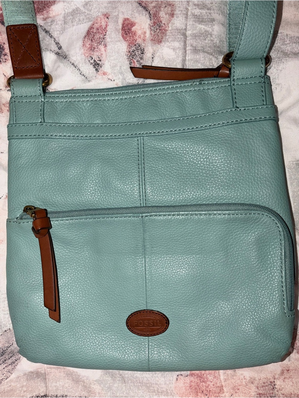 Fossil Teal Leather Crossbody with Brown Trim